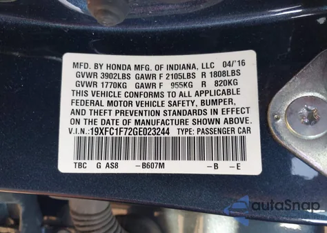 2016 Honda Civic Ex-L z USA, uszkodzony, nr VIN 19XFC1F72GE023244